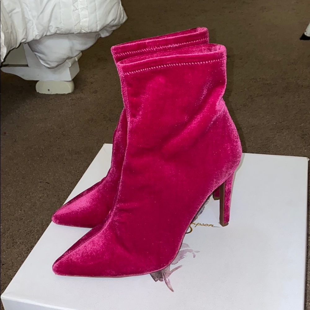 Pink velvet booties